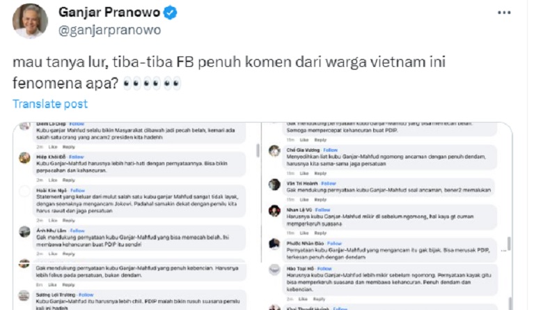 Facebook-nya Dipenuhi Komentar Nama-nama Vietnam, Ganjar: Fenomena Apa?