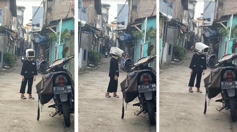 Viral Seorang Bocah Pakai Helm Unik Berbentuk CCTV, Netizen: Kamera Pengawas Keliling