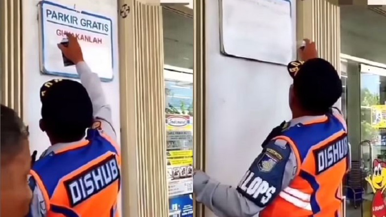 Viral Video Petugas Dishub Hapus Tulisan Parkir Gratis di Depan Minimarket
