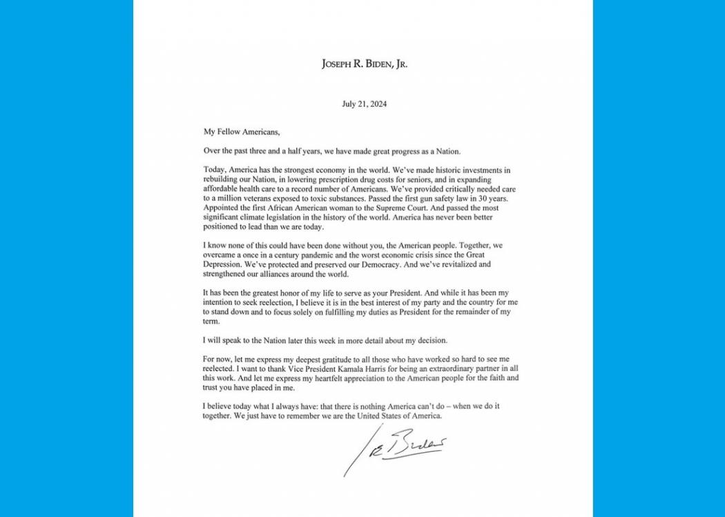 Isi Lengkap Surat Joe Biden Mundur dari Pilpres AS 2024, Ungkit Capaian 3,5 Tahun