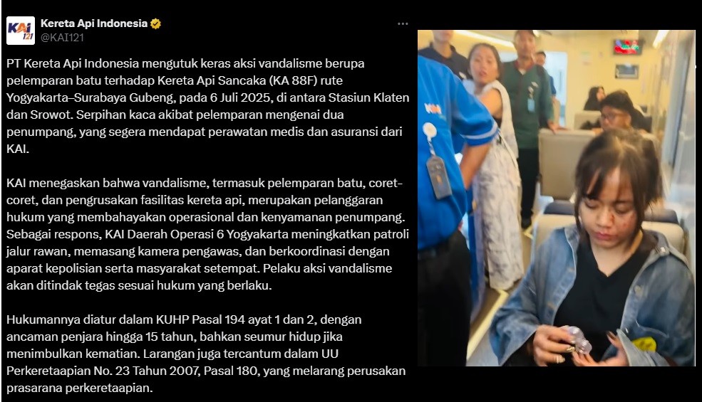 KAI Gandeng TNI-Polri Patroli Gabungan usai Viral Penumpang Terluka Dilempar Batu
