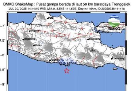 Gempa Terkini 2 Menit yang Lalu M 4,0 Guncang Trenggalek Jatim