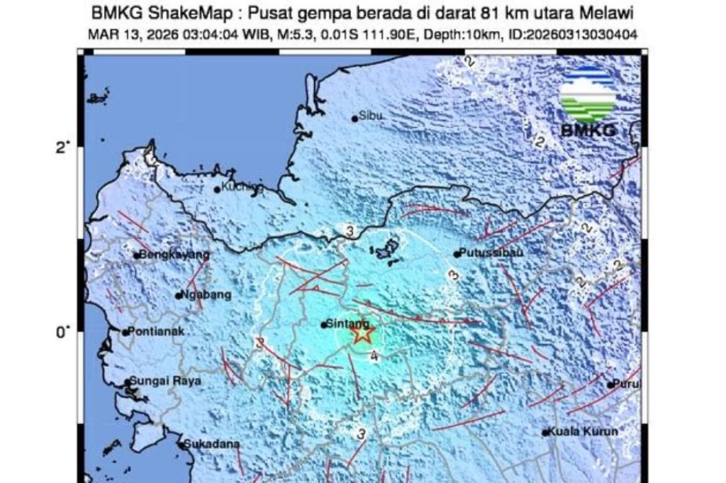 Gempa M5,3 Guncang Sintang Kalbar, Getaran Terasa hingga Sanggau dan Melawi