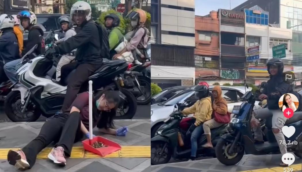 Viral Seorang Wanita Nekat Rebahan di Trotoar Halangi Pemotor Terobos Jalur Pejalan Kaki