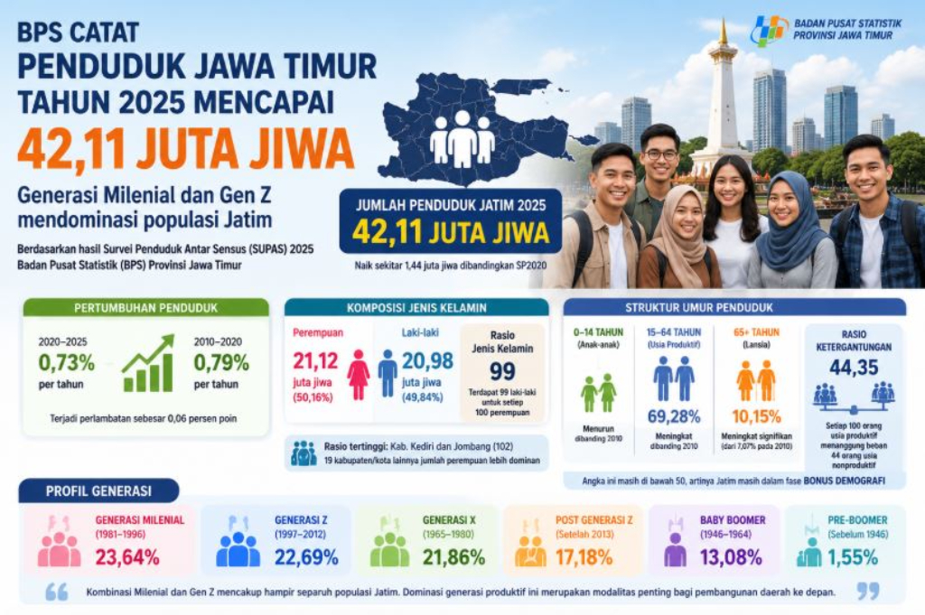 BPS: Jumlah Penduduk Jatim Tembus 42,11 Juta Jiwa