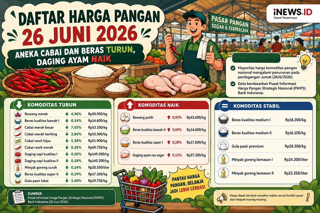 Daftar Harga Pangan 26 Juni 2026, Aneka Cabai-Beras Turun, Daging Ayam Naik