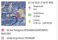 Gempa Bumi Magnitudo 5,4 Guncang Seram Bagian Timur Maluku Senin Malam Ini