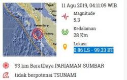 Gempa Magnitudo 5,3 Guncang Pariaman Sumbar, Getaran juga Terasa di Mentawai