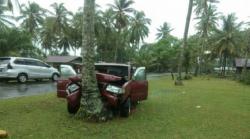 Terkejut Ada Batu Melayang, Sopir Banting Setir, Minibus Tabrak Pohon di Arcamanik