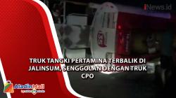  Truk Tangki Pertamina Terbalik di Jalinsum, Senggolan dengan Truk CPO