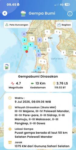 Gempa Magnitudo 4,7 Guncang Selatan Polewali Mandar, Terasa hingga Makassar