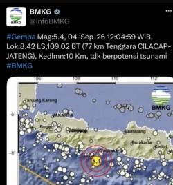 Gempa Magnitudo 5,4 Guncang Selatan Cilacap, Getaran Terasa hingga Pangandaran