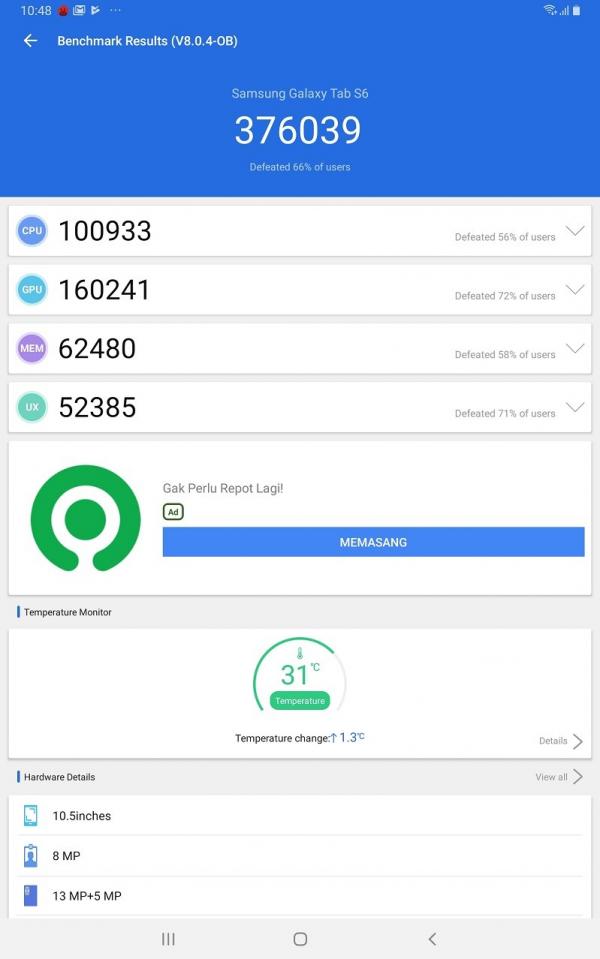 Hasil benchmark AnTuTu Galaxy Tab S6