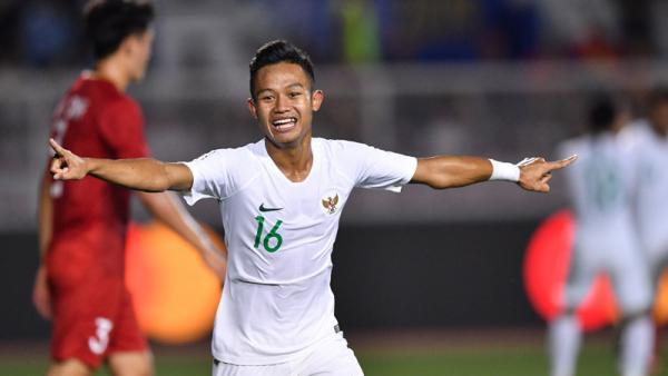 Sani Rizky Timnas U-23 Gelandang Timnas Indonesia U-23 Sani Rizki melakukan selebrasi seusai mencetak gol ke gawang Timnas Vietnam U-23 dalam pertandingan Grup B SEA Games 2019 di Stadion Rizal Memorial, Manila, Filipina, Minggu (1/12/2019). (Foto: ANTARA/Sigid Kurniawan)