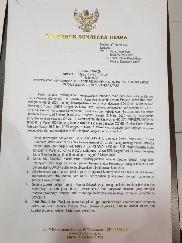 IMG 20200317 WA0029 Surat Edaran Gubernur Sumatera Utara Terkait Libur siswa SMA/SMK (Foto: Istimewa)
