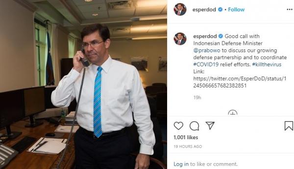 Menhan As Ig Menteri Pertahanan (Menhan) AS Mark Esper saat berkomunikasi via telepon dengan Menhan RI Prabowo Subianto terkait penanganan covid-19 (virus corona) di negara masing-masing. (Foto: ist)