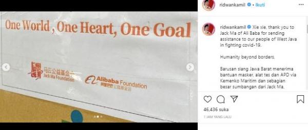 jack ma Gubernur Jabar Ridwan Kamil terima bantuan dari Jack Ma, Kamis (2/4/2020) (Foto iNews: Instagram Ridwan Kamil)