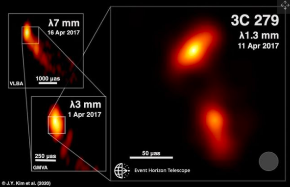 Gambar jet black hole (Foto: J.Y. Kim (MPIfR), Boston University Blazar program dan  EHT Collaboration)