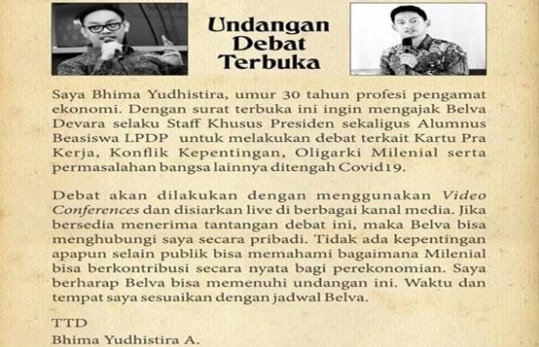 Tantang Debat Terbuka Tangkapan layar Undangan debat terbuka Bhima Yudhistira versus Stafsus Presiden Belva Davara.
