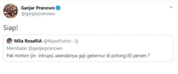 Cuit Balasan Ganjar Pranowo atas jawaban netizen di akun Twitternya