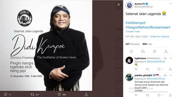 Aremania Kenang Didi Kempot Arema kenang Didi Kempot yang meninggal hari ini (foto: Twitter)