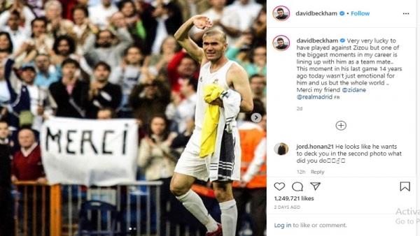 Perpisahan Zidane Unggahan foto perpisahan Zidane dengan publik Santiago Bernabeu (foto: Instagram Beckham)