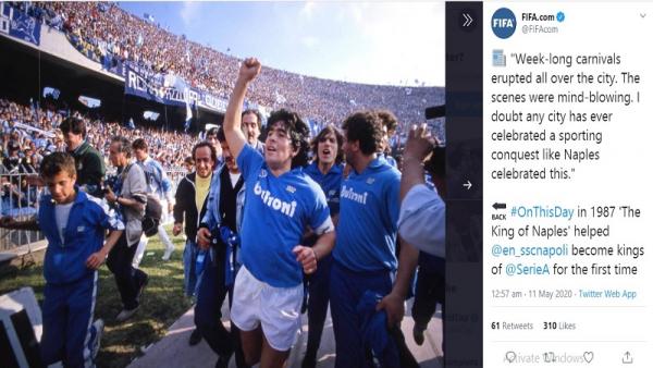 Maradona 1 Diego Armando Maradona membawa Napoli meraih scudetto perdana di musim 1986/1987 (foto: Twitter)