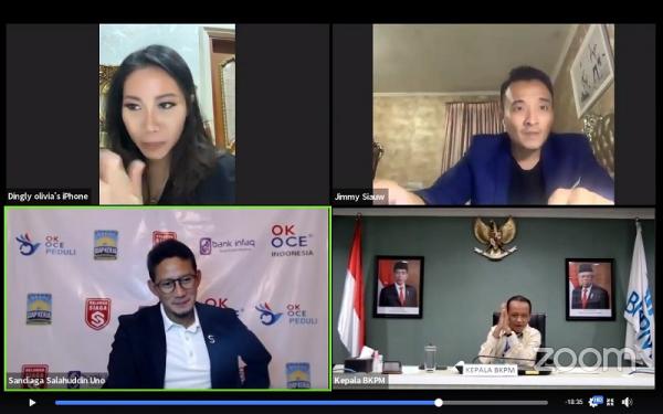 sandiaga uno webinar Webinar yang menghadirkan pengusaha Sandiaga Uno, Kepala Badan Koordinasi Penanaman Modal (BKPM) Bahlil lahadalia, dan Executive Director 12bros Jimmy Siauw. (Foto: Istimewa)