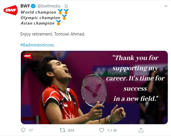BWF Twitter Owi BWF ikut mengucapkan salam perpisahan kepada ganda campuran kebanggaan Indonesia Tontowi Ahmad. (Foto: Twitter)