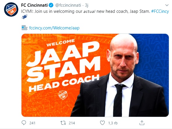 Jaap Stam jadi pelatih FC Cincinnati Akhirnya, FC Cincinnati mengganti Twitter pengumuman Jaap Stam sebagai pelatih dengan foto yang tepat. (Foto: Twitter @fccincinnati)