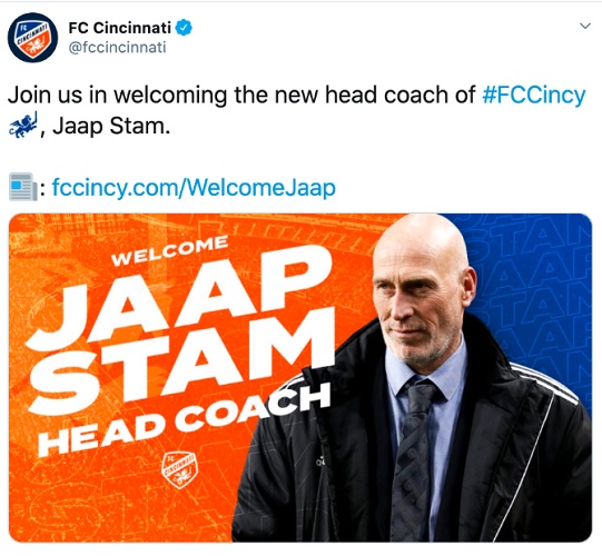 Twitter FC Cincinnati salah FC Cincinnati sempat salah pasang foto saat mengumumkan Jaap Stam sebagai pelatih. (Foto: Twitter @fccincinnati)