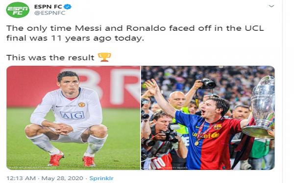 Messi vs Ronaldo 1 Lionel Messi mengantarkan Barcelona menjuarai Liga Champions 2008/2009 usai mengalahkan Manchester United yang saat itu masih diperkuat Cristiano Ronaldo (foto: Twitter ESPN)