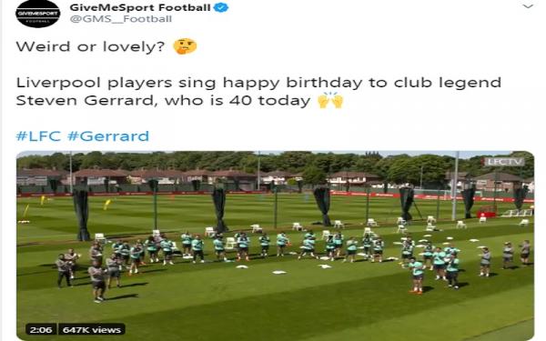 Skuad Liverpool menyanyikan lagu Selamat Ulang Tahun dengan 12 bahasa untuk Steven Gerrard yang berulang tahun ke-40 pada 30 Mei 2020 (foto: Twitter)
