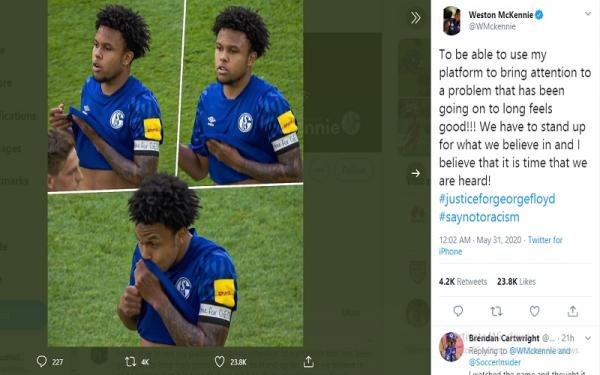 McKennie Weston McKennie mengunggah foto dan tulisan berisi simpati atas meninggalnya George Floyd (foto: Twitter)
