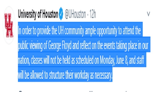 University of Houston Pengumuman University of Houston, Texas, AS, meliburkan mahasiswanya untuk memberikan penghormatan terakhir bagi jenazah mendiang George Floyd (foto: Twitter)