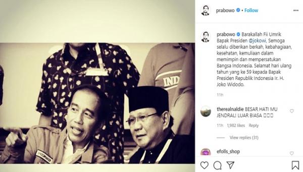 Prabowo Jokowi Prabowo Subiakto menuliskan doa dan ucapan untuk Presiden Joko Widodo yang berulang tahun ke-59 pada 21 Juni 2020 (foto: Instagram)