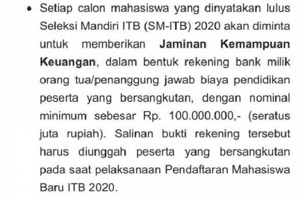 Hasil tangkap layar laman resmi ITB untuk penerimaan calon mahasiswa baru untuk seleksi mandiri. (Foto: Sindonews).