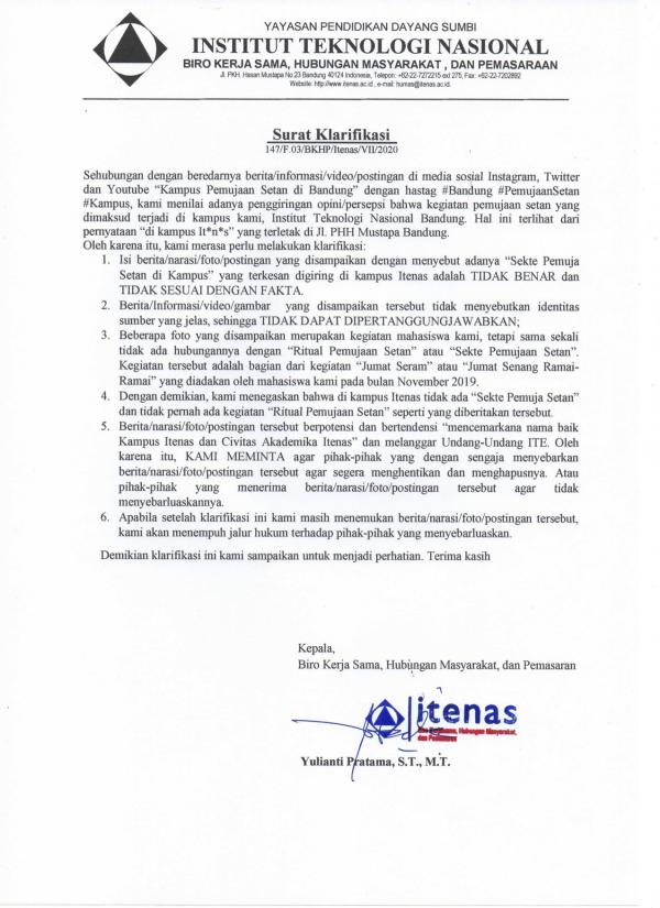 Surat Klarifikasi Klarifikasi dari Kampus Institut Teknologi Nasional (Itenas) Kota Bandung