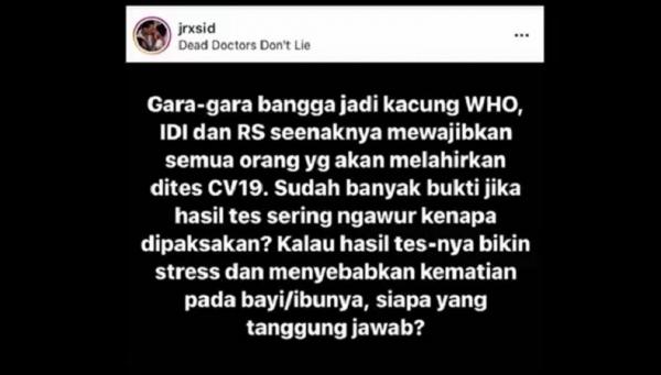 Unggahan Jerinx di media sosial yang menjadi dasar pelaporan ke Polda Bali. (iNews.id/Aris Wiyanto)