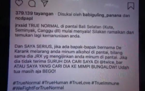 Unggahan Jerinx di media sosial yang dianggap mencemarkan nama baik I Made Supatra Karang. (iNews.id/Bagus Alit)