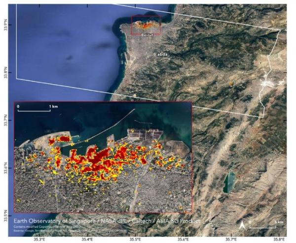 Dampak ledakan Beirut (Foto:  NASA/JPL-Caltech/Earth Observatory of Singapore/ESA)