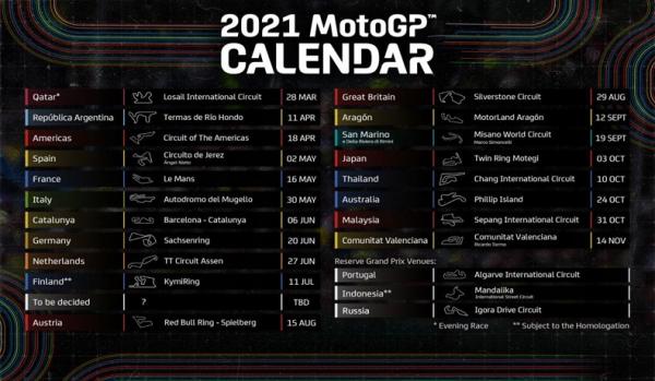 Jadwal Sementara MotoGP 2021 (Sumber: MotoGP.com)