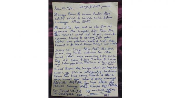 Surat Habib Rizieq ist Surat Habib Rizieq Shihab yang ditulis dari Rutan Polda Metro Jaya. (Foto: Istimewa).