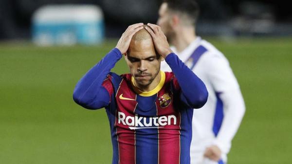 Striker Barcelona Martin Braithwaite bereaksi saat menghadapi Eibar pada lanjutan Liga Spanyol 2020/2021 di Camp Nou, Rabu (30/12/2020) dini hari WIB. (Foto: REUTERS)