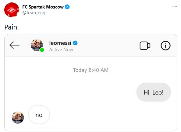 Spartak Moskow coba mengirim pesan kepada Lionel Messi melalui Direct Message di Instagram. (Foto: Twitter @@fcsm_eng)