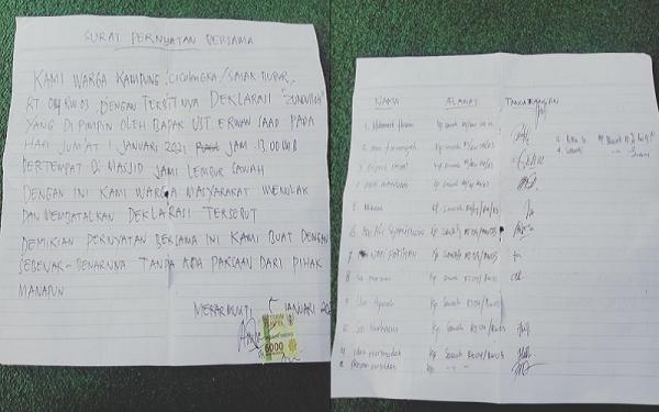 Surat pernyataan warga Kampung Sasak Bubur, RT 04/03, Desa Mekarmukti, Kecamatan Cihampelas, KBB, menolak deklarasi jundullah. (Foto: iNews.id/Adi Haryanto)