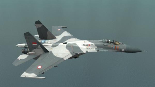 Pesawat Tempur Sukhoi terbang menuju pangkalannya di Lanud Sultan Hasanuddin, Makassar. (Foto: TNI AU).