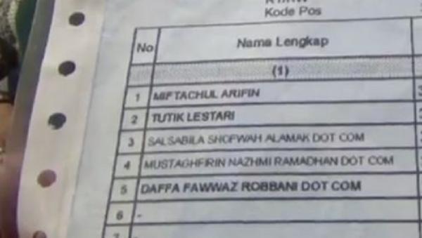 kartu keluarga Dot Com Kartu keluarga pasutri Miftakhul Arifin dan Tutik Lestari yang menunjukkan nama unik ketiga anak mereka. (Foto: iNews/Agus Ismanto)