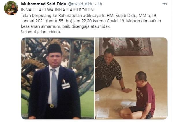 Adik Said Didu, Suaib Didu, meninggal dunia, Sabtu (9/1/2021). (Foto: Twitter/Said Didu).