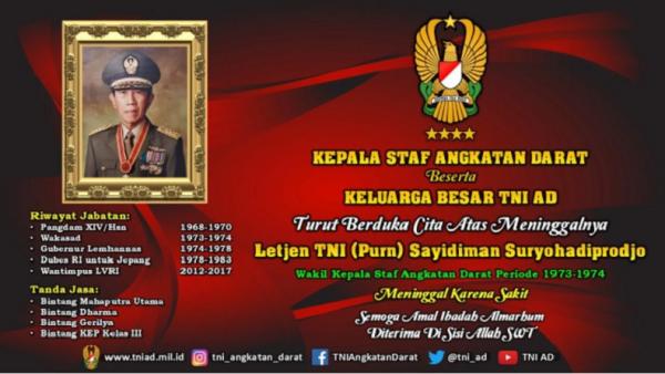 Ksad sayidiman KSAD Jenderal TNI Andika Perkasa menyampaikan belasungkawa mendalam atas wafatnya mantan wakil KSAD Letjen TNI (Purn) Sayidiman Suryohadiprojo. (Foto: Antara).